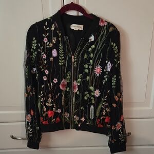 LUNA MOON Black and Red Floral Embroidered Bomber Jacket